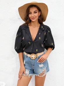 SHEIN VCAY 花卉刺繡泡泡袖襯衫 - 黑色 - 查看 1