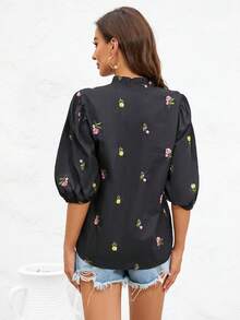 SHEIN VCAY 花卉刺繡泡泡袖襯衫 - 黑色 - 查看 2