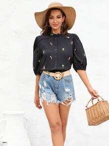 SHEIN VCAY 花卉刺繡泡泡袖襯衫 - 黑色 - 查看 4