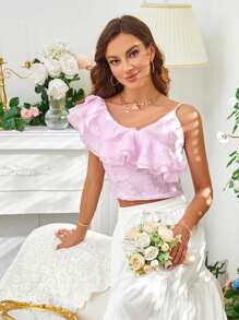 SHEIN Frenchy Jacquard Ruffle Trim Asymmetrical Neck Crop Blouse - Pink - View 1