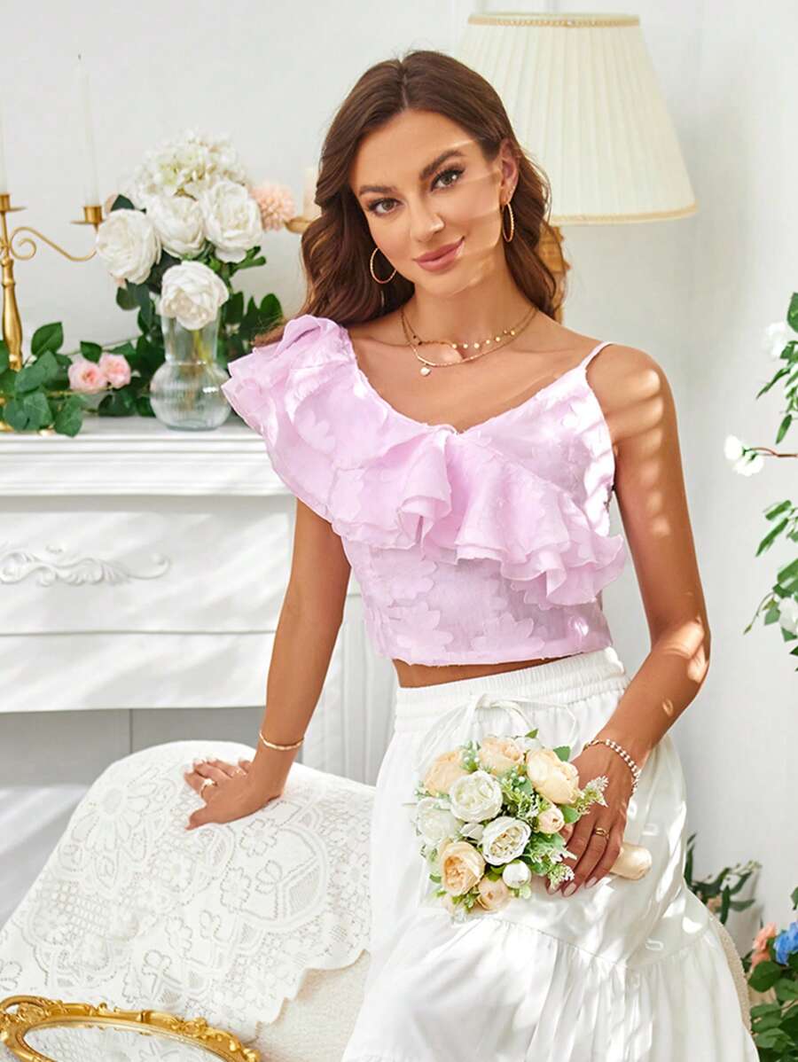 SHEIN Frenchy Jacquard Ruffle Trim Asymmetrical Neck Crop Blouse - Pink - View 1