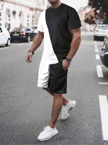 Manfinity Homme Men Two Tone Tee & Drawstring Waist Shorts Set Street Wear Menmen Two Pieces Outfitsmen Outfits 2 Pieces - Black and White - View 2