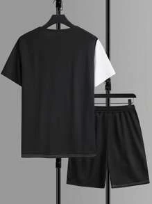 Manfinity Homme Men Two Tone Tee & Drawstring Waist Shorts Set Street Wear Menmen Two Pieces Outfitsmen Outfits 2 Pieces - Black and White - View 3