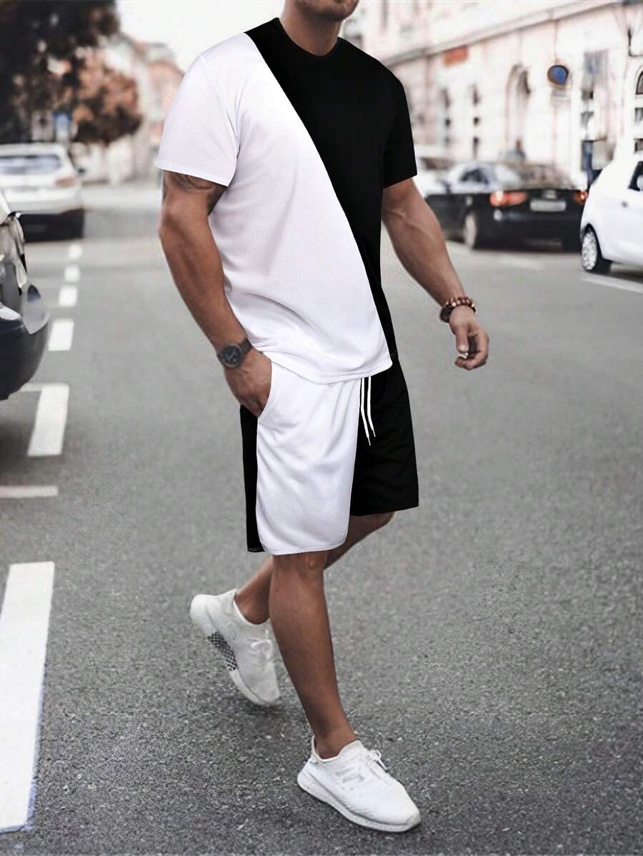 Manfinity Homme Men Two Tone Tee & Drawstring Waist Shorts Set Street Wear Menmen Two Pieces Outfitsmen Outfits 2 Pieces - Black and White - View 1