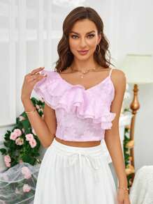 SHEIN Frenchy Jacquard Ruffle Trim Asymmetrical Neck Crop Blouse - Pink - View 3