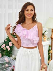 SHEIN Frenchy Jacquard Ruffle Trim Asymmetrical Neck Crop Blouse - Pink - View 5