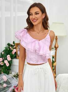 SHEIN Frenchy Jacquard Ruffle Trim Asymmetrical Neck Crop Blouse - Pink - View 6