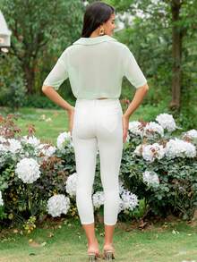 SHEIN Essnce 素色落肩袖短款襯衫 - 綠色 - 查看 2