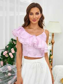 SHEIN Frenchy Jacquard Ruffle Trim Asymmetrical Neck Crop Blouse - Pink - View 7