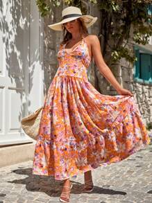 EURMUSE Vestido de tirantes con estampado floral bajo con fruncido - Multicolor - Ver 1