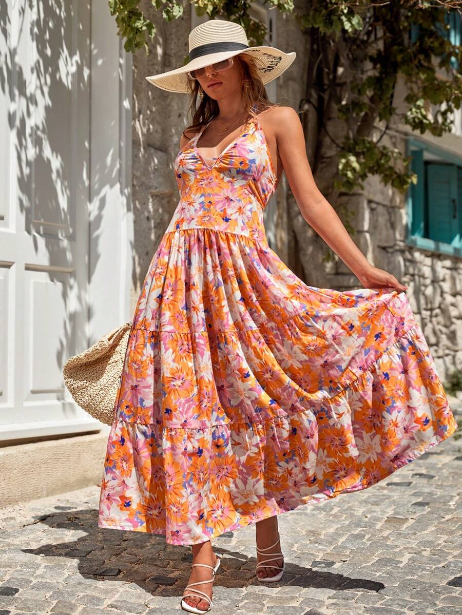 EURMUSE Vestido de tirantes con estampado floral bajo con fruncido - Multicolor - Ver 1