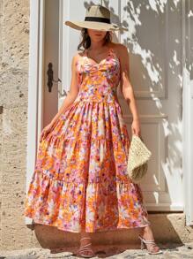 EURMUSE Vestido de tirantes con estampado floral bajo con fruncido - Multicolor - Ver 4