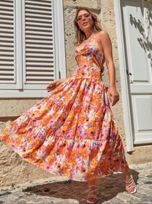 EURMUSE Vestido de tirantes con estampado floral bajo con fruncido - Multicolor - Ver 5