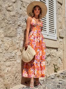 EURMUSE Vestido de tirantes con estampado floral bajo con fruncido - Multicolor - Ver 6