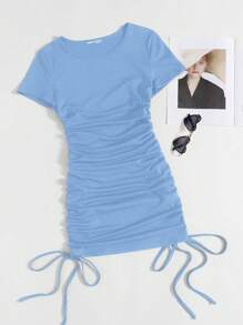 SHEIN EZwear Đầm Plus Size Xù Dây kéo Gân đan màu trơn Giải trí - Màu xanh lam - Xem 1