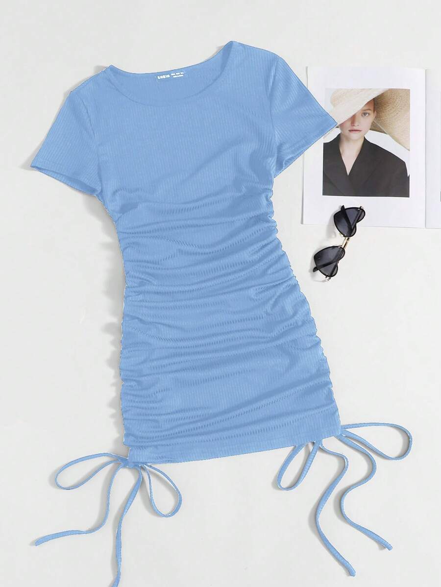 SHEIN EZwear Đầm Plus Size Xù Dây kéo Gân đan màu trơn Giải trí - Màu xanh lam - Xem 1