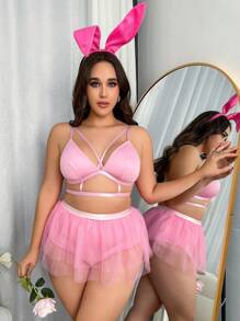 Plus Cut Out Mesh Hem Costume Set With Hairhoop - Pink - View 5
