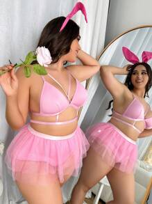Plus Cut Out Mesh Hem Costume Set With Hairhoop - Pink - View 1