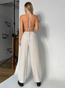 SHEIN EZwear Bộ đồ hai mảnh nữ Lộ Lưng Túi Buộc lại màu trơn Gợi cảm - Màu be - Xem 2