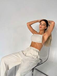 SHEIN EZwear Bộ đồ hai mảnh nữ Lộ Lưng Túi Buộc lại màu trơn Gợi cảm - Màu be - Xem 6