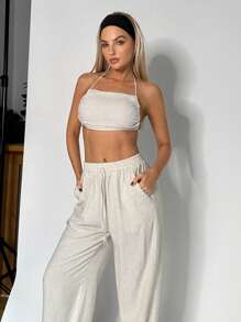 SHEIN EZwear Bộ đồ hai mảnh nữ Lộ Lưng Túi Buộc lại màu trơn Gợi cảm - Màu be - Xem 7