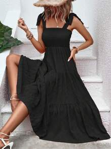 Breezaya Đầm Lộ Lưng Thắt nút Viên lá sen màu trơn Giải trí - màu đen - Xem 1