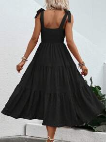 Breezaya Đầm Lộ Lưng Thắt nút Viên lá sen màu trơn Giải trí - màu đen - Xem 2