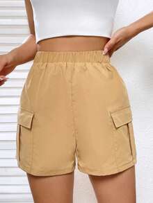 SHEIN Unity 側翻蓋口袋工裝短褲 - 卡其色 - 查看 3