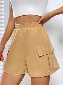 SHEIN Unity 側翻蓋口袋工裝短褲 - 卡其色 - 查看 1