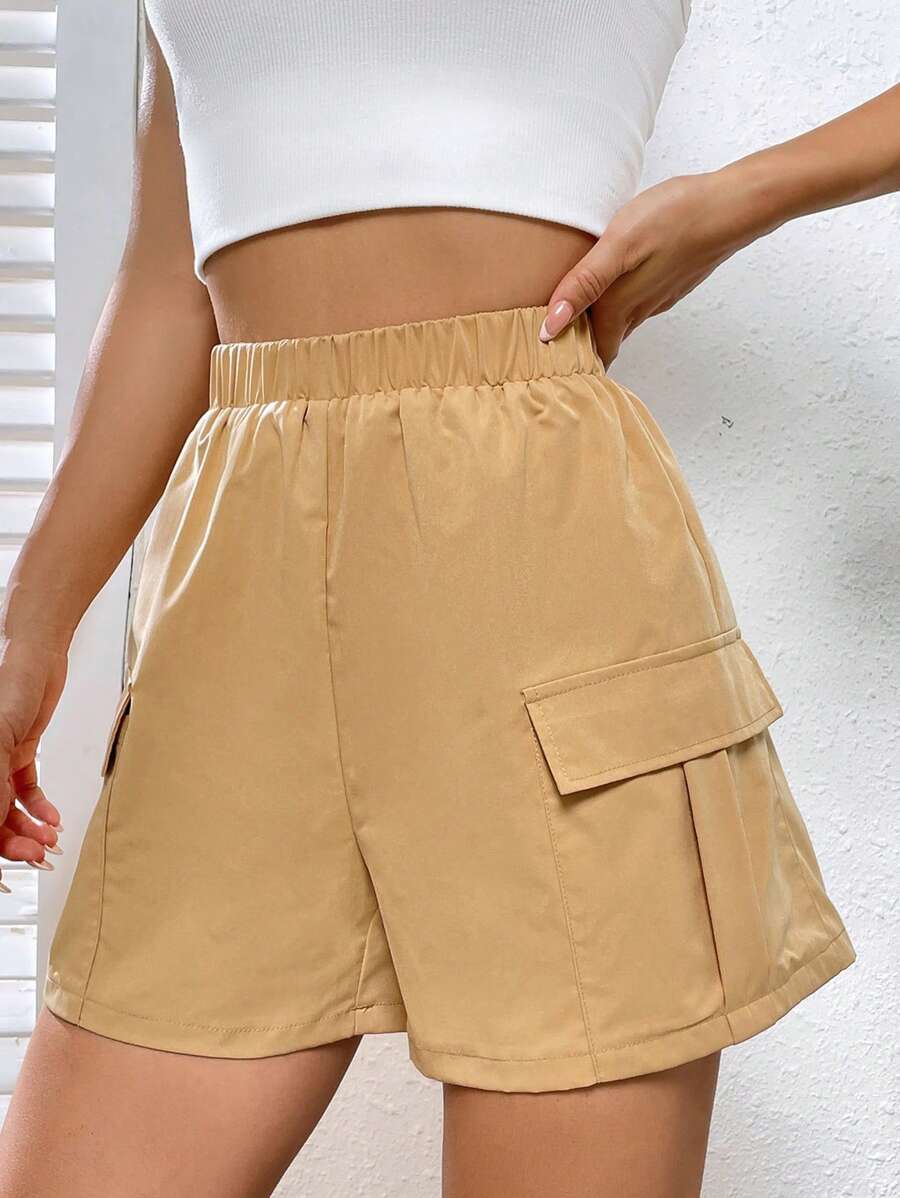 SHEIN Unity 側翻蓋口袋工裝短褲 - 卡其色 - 查看 1