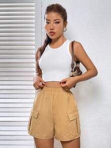 SHEIN Unity 側翻蓋口袋工裝短褲 - 卡其色 - 查看 6