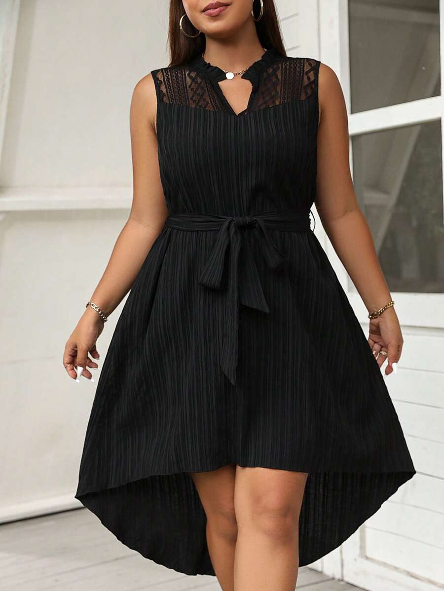 SHEIN Clasi Đầm Plus Size Thắt lưng Tương phản ren Cao thấp màu trơn Giải trí - màu đen - Xem 1