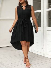 SHEIN Clasi Đầm Plus Size Thắt lưng Tương phản ren Cao thấp màu trơn Giải trí - màu đen - Xem 5