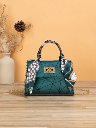 幾何樣式方包絲巾裝飾手提包女士對角線單肩包,完美辦公,旅行,女士變色和鐳射包