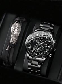 1入組黑色不銹鋼帶商業日期圓形錶盤石英表和1入組手環,適用於日常生活 - 黑色 - 查看 1