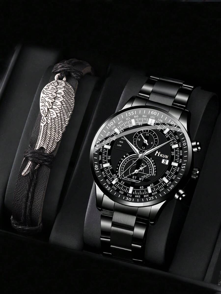 1入組黑色不銹鋼帶商業日期圓形錶盤石英表和1入組手環,適用於日常生活 - 黑色 - 查看 1