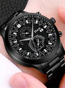 1入組黑色不銹鋼帶商業日期圓形錶盤石英表和1入組手環,適用於日常生活 - 黑色 - 查看 2