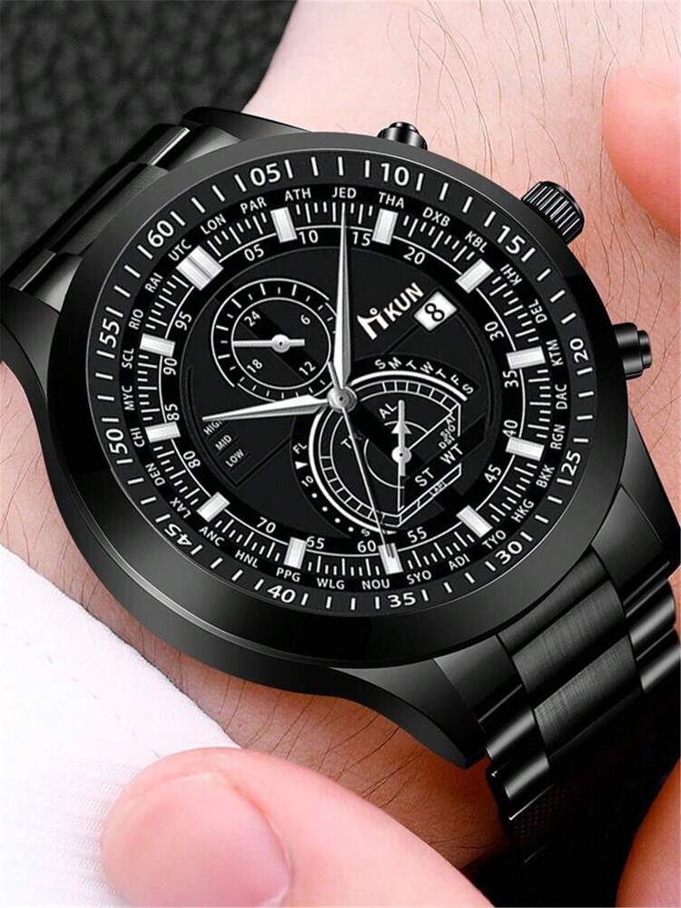 1入組黑色不銹鋼帶商業日期圓形錶盤石英表和1入組手環,適用於日常生活 - 黑色 - 查看 2