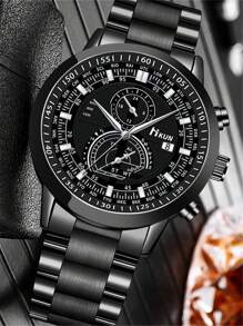 1入組黑色不銹鋼帶商業日期圓形錶盤石英表和1入組手環,適用於日常生活 - 黑色 - 查看 3