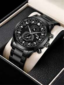 1入組黑色不銹鋼帶商業日期圓形錶盤石英表和1入組手環,適用於日常生活 - 黑色 - 查看 4