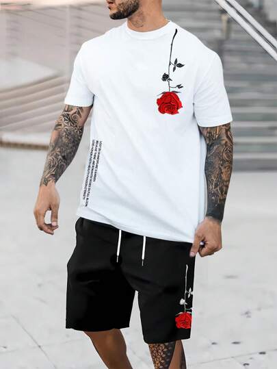 Guys Floral & Slogan Graphic Tee & Drawstring Waist Shorts Set