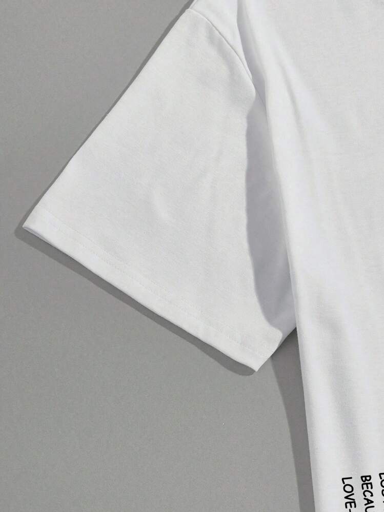 Manfinity Homme Men Floral & Slogan Graphic Tee & Drawstring Waist Shorts Set - Black and White - View 4