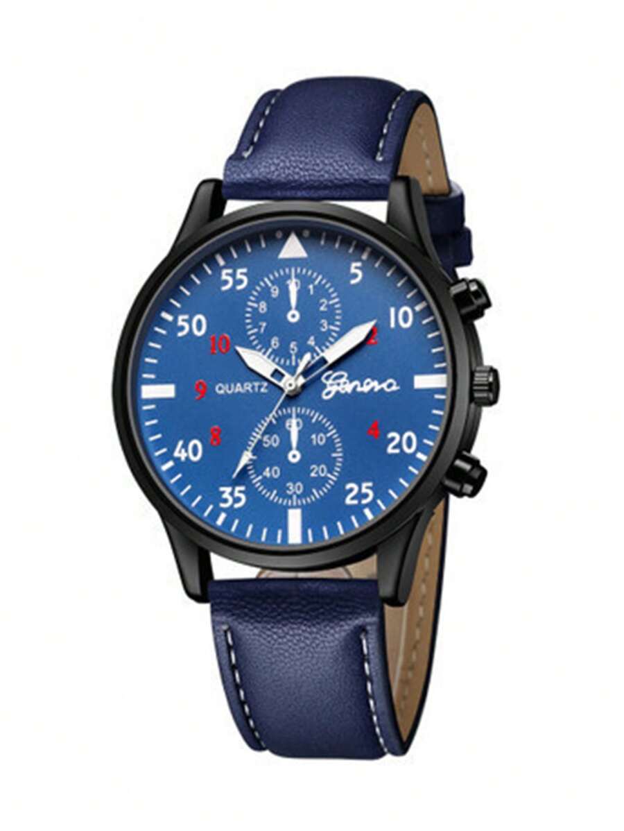 1入組男士藍色PU聚氨酯錶帶時尚圓形錶盤石英手錶，適合日常生活 - 藍色 - 查看 1