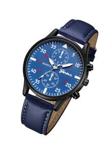 1入組男士藍色PU聚氨酯錶帶時尚圓形錶盤石英手錶，適合日常生活 - 藍色 - 查看 3