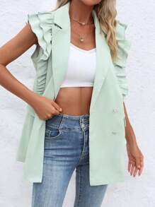 SHEIN Privé 荷葉邊雙排釦西裝領西裝外套 - 綠色 - 查看 4