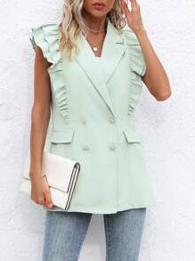 SHEIN Privé 荷葉邊雙排釦西裝領西裝外套 - 綠色 - 查看 5