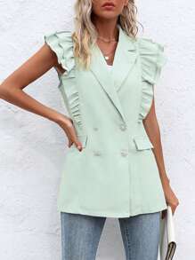 SHEIN Privé 荷葉邊雙排釦西裝領西裝外套 - 綠色 - 查看 6