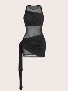 Sweetina 網紗拼接褶邊側打結連衣裙 - 黑色 - 查看 2