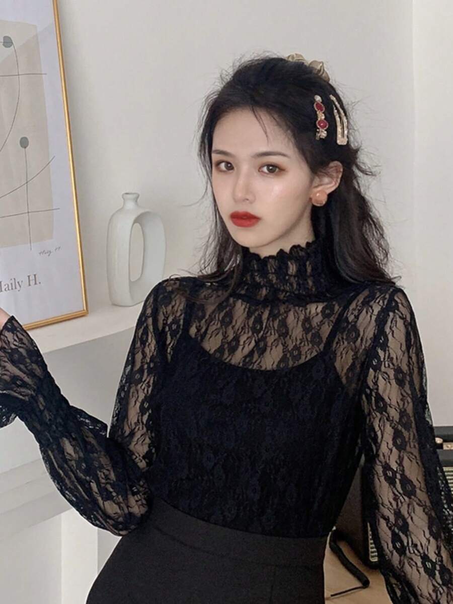 Solid Ruffle Sleeve Sheer Lace Top