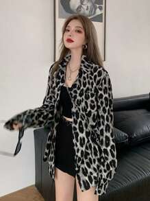 豹纹纽扣衬衫，长袖上衣 - 黑色 - 查看 1